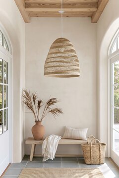 Pendant light with woven rattan shade hanging over a bleached oak bench in a modern coastal entryway with natural decor elements