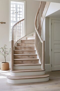 Curved wooden staircase with bleached oak handrail in a Modern Coastal foyer, illuminated by warm morning light through a window