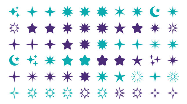 Collection of flat star and sparkle icons in teal and purple colors on a white background, perfect for graphic design projects, digital interface decoration and creative branding