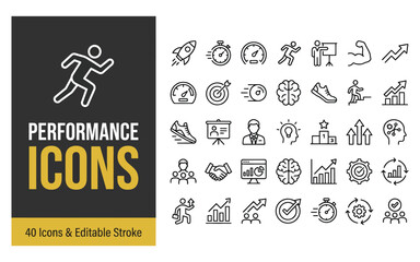 Fototapeta premium Comprehensive Collection of Linear Performance Icons Representing Success Growth Strategy Efficiency Achievement and Business Progress Vector Graphics Set