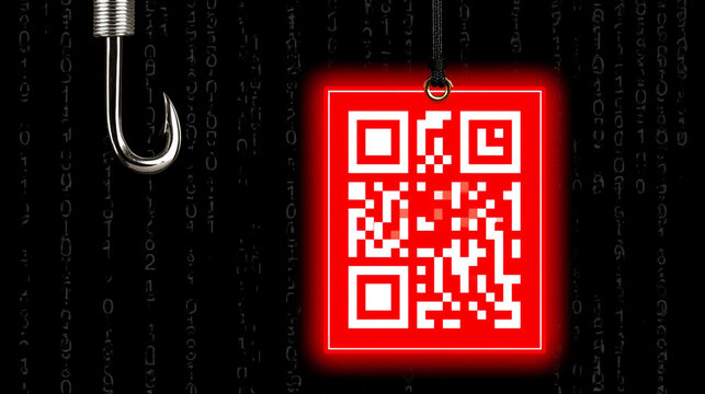 Fishing hook dangling over bright red glowing QR code code pattern


