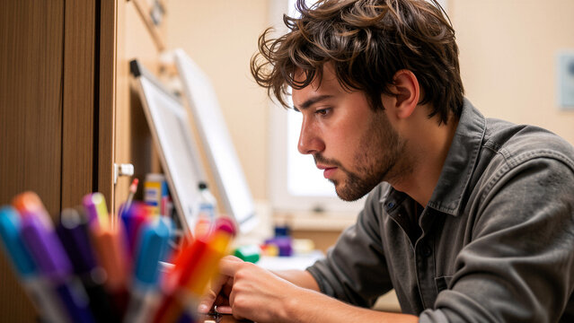 Young man focused on his work