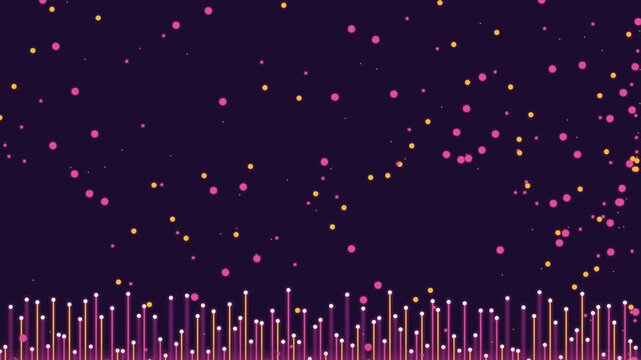Glowing vertical lines with floating pink and yellow particles create a rhythmic digital motion animation for modern technology background design