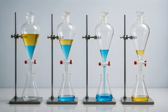 Laboratory Extraction Glassware with Separatory Funnel Solvent Layers and Collection Flasks for Chemistry Education Applications