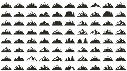 Fototapeta premium Set of black mountain icons and silhouettes on white background, perfect for logo design, outdoor branding and web graphics