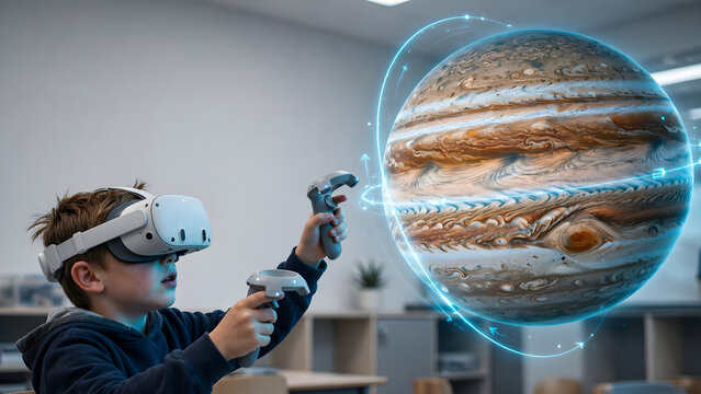 Student using immersive headset and controllers to explore a large virtual planet in a modern classroom