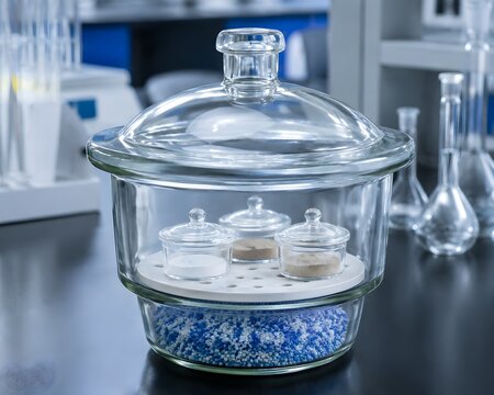 Glass Desiccator with Drying Beads and Sealed Sample Dishes for Modern Laboratory Storage Applications Worldwide