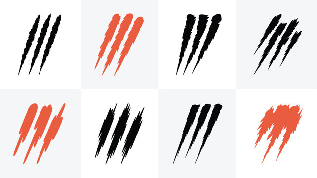 Collection of eight different styles of claw scratch or brush stroke marks in black and red colors for graphic design art.