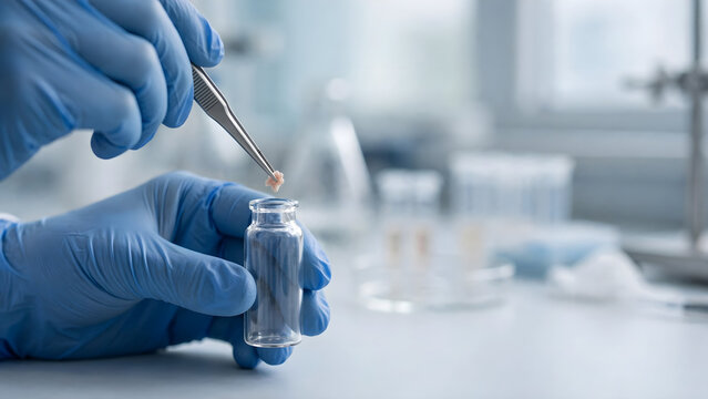 Scientist transferring a small biological tissue sample into glass vial during sterile biotechnology preparation