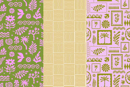 Vector hand drawn seamless patterns, graphics with silhouette summer and vacation illustrations, print design templates, tropical illustrations