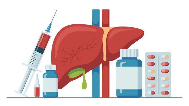 Medical illustration of a human liver and gallbladder surrounded by healthcare items like a syringe, pills, and bottles.