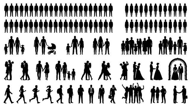 Silhouettes of diverse people including corporate executives, families, couples and athletes on white background, perfect for web design, marketing materials and community infographics
