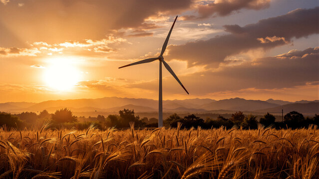 Wind turbine in a wheat field at sunset