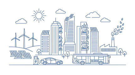 Fototapeta premium Eco friendly smart city line art illustration with wind turbines, solar panels, electric car and zero emission bus, perfect for green energy banner, eco campaign and urban planning website