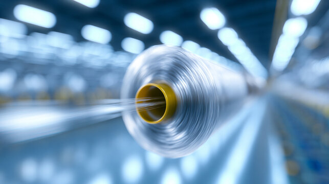 Thin polymer filament fiber unwinding from large spool spooling in factory

