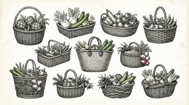 Vintage vegetable basket collection, hand drawn garden harvest illustrations, 11 rustic wicker hamper vector elements for organic farm branding