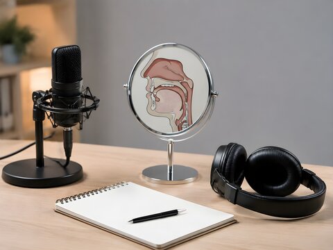 Professional Language Phonetics Mirror Setup with Microphone Headphones Notebook for Clear Pronunciation Practice Sessions Training