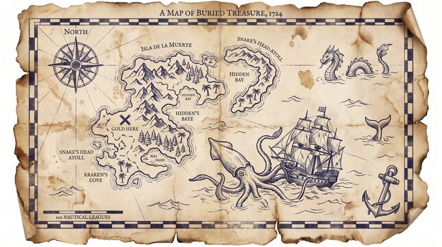 Vintage hand drawn treasure map on aged parchment paper with islands, sailing ship, compass rose and sea monsters, perfect for adventure games, educational materials and decorative prints