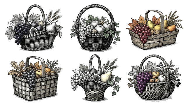 Vintage fruit basket vector set, antique woodcut harvest illustrations with grapes and pears, rustic wicker hampers for autumn market branding