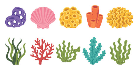Collection of colorful underwater coral reef life and sea plants with underwater colorful illustration collection environment ecosystem undersea © Velixar Design