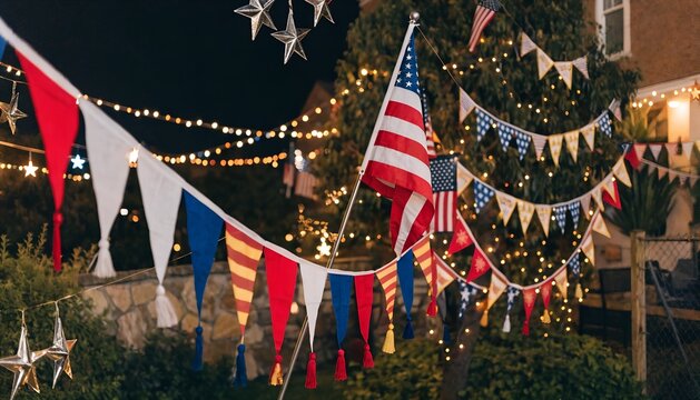 Patriotic American bunting and string lights for a festive night party.