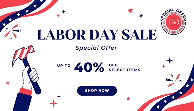 Labor Day sale promotional banner. Special offer discount graphic with patriotic design.