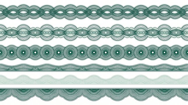 Green guilloche seamless border patterns set isolated on white background, perfect for certificate design, banknote decoration and security document framing