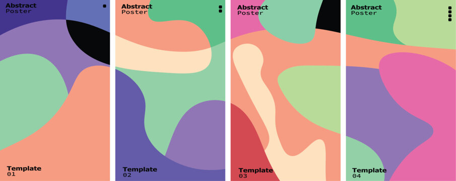 Abstract posters set with soft pastel liquid organic shapes fluid forms for modern graphic design layouts and creative artistic presentation brochure backgrounds.