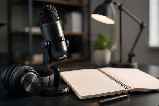 Professional Pronunciation Practice Setup with Microphone Headphones Notebook and Modern Language Learning Workspace Design Setup
