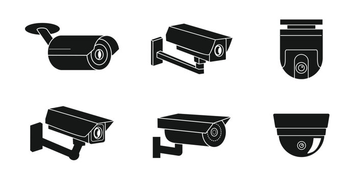 Collection of black surveillance camera silhouettes, CCTV. Vector illustration isolated on a white background