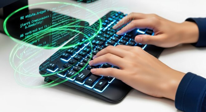 Illuminated Keyboard With Glowing Code on White Background