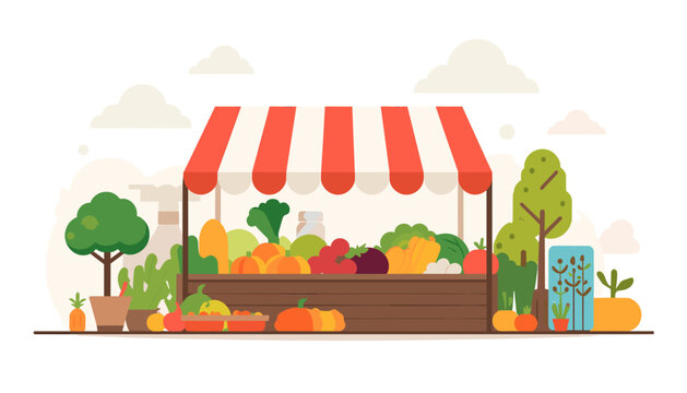 Flat vector illustration of a local farmers market stall with fresh organic vegetables and fruits.