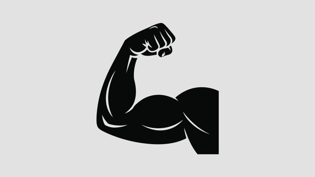 Black silhouette of a strong muscular arm flexing to show bicep strength, isolated on a neutral grey background.