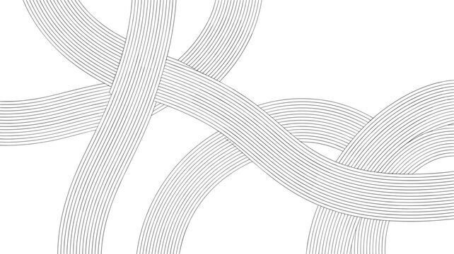 Abstract graphic design consisting of multiple overlapping and intersecting curved paths made of fine black parallel lines.