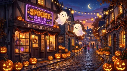 Fototapeta premium Spooky halloween sale at the witchs nook shop in a magical village