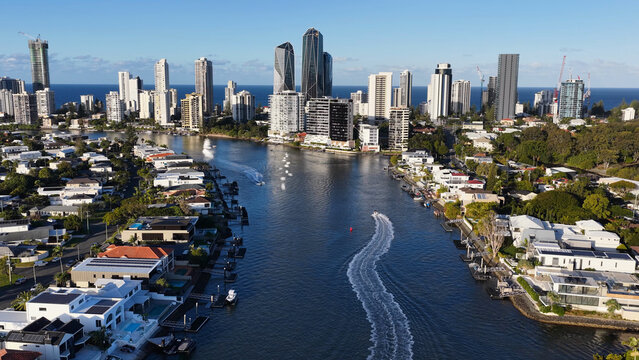Aerial View of Gold Coast Skyline and Nerang River Waterfront Homes
