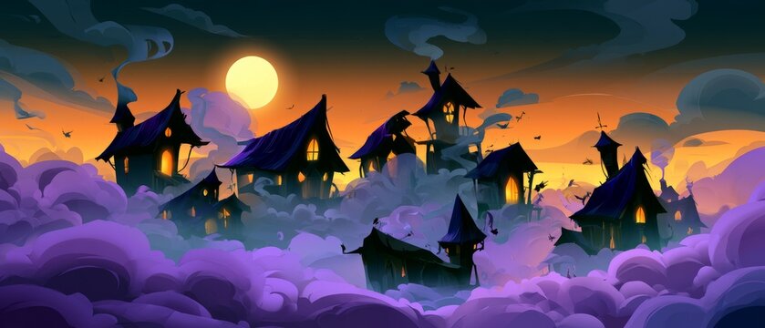 Floating Haunted Village Drifts Through Purple Halloween Clouds