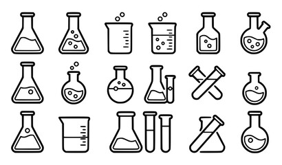 Generic laboratory glassware vector icon set with simple bold line art classic complete unbranded science beaker conical flask test tube chemistry research clip art black and white © GULSHAN