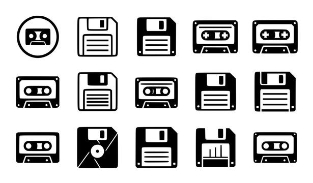 Modern abstract generic retro tech symbol vector clipart set with minimalist clean outline unbranded music brand cassette tape floppy disk monogram and cosmic nostalgia logo graphics black and white