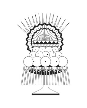 Traditional Indonesian fruit offering arrangement black and white cartoon clipart. Balinese decorative pedestal with tropical leaves. Gebogan isolated vector linear element. Flat spot illustration