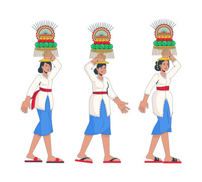 Balinese women carrying gebogan fruit offerings 2D cartoon characters. Ceremonial procession. Indonesian tradition. Bali female walking flat vector people isolated on white. Colorful spot illustration
