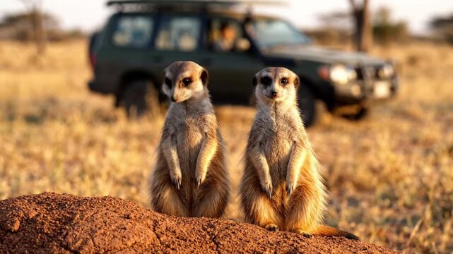 High-quality realistic video of two alert meerkats standing side-by-side in an upright position on a dirt mound in the sunlit African savanna. The pair turns their heads, looks at each other, and scan