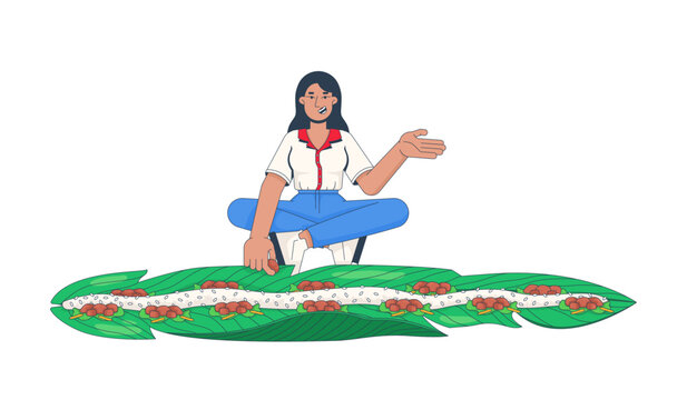 Woman eating traditional kembulan leaf-wrapped rice meal 2D cartoon character. Communal Indonesian dining experience. Javanese female flat vector person isolated on white. Colorful spot illustration