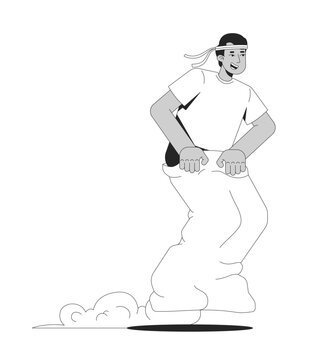 Man participating in traditional Indonesian sack race line art character. Guy competing during Independence Day celebration isolated vector outline person. Black and white spot illustration