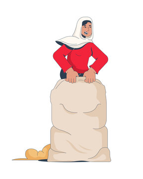 Smiling tudung woman participating in traditional sack race 2D cartoon character. Merdeka celebration. Recreational game contestant flat vector person isolated on white. Colorful spot illustration