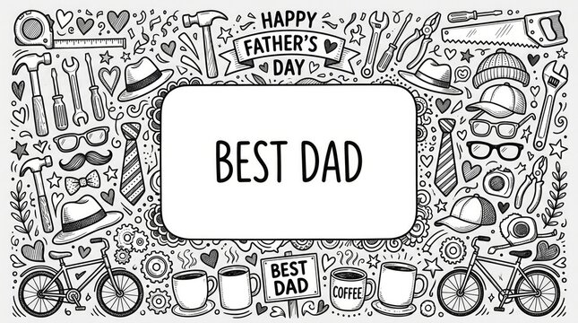 Hand-drawn Father's Day doodle background, Best Dad greeting card template with tools and hobbies, black and white line art illustration for fatherhood