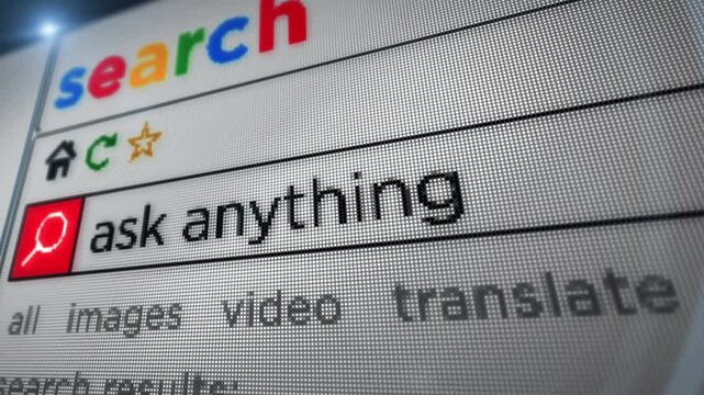 Ask anything service artificial intelligence text typing on browser screen. Searching internet with monitor pixel display macro view.