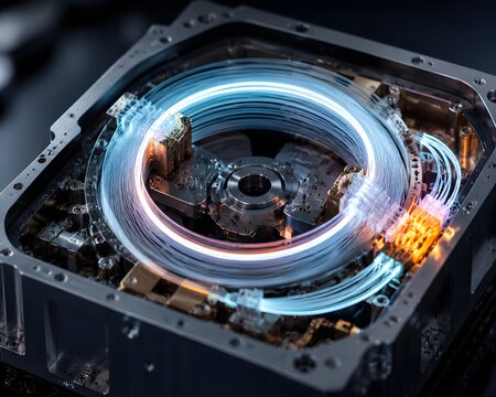 Fiber Optic Gyroscope Coil with Glowing Light Path Inside Advanced Aerospace Navigation Module System Display