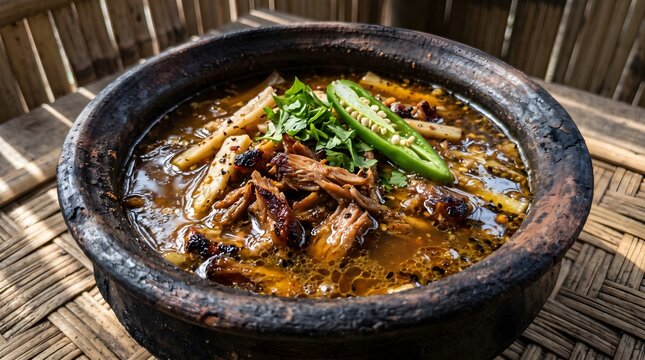 Authentic Assamese Bamboo Shoot Curry Smoked Pork Clay Pot Northeast India