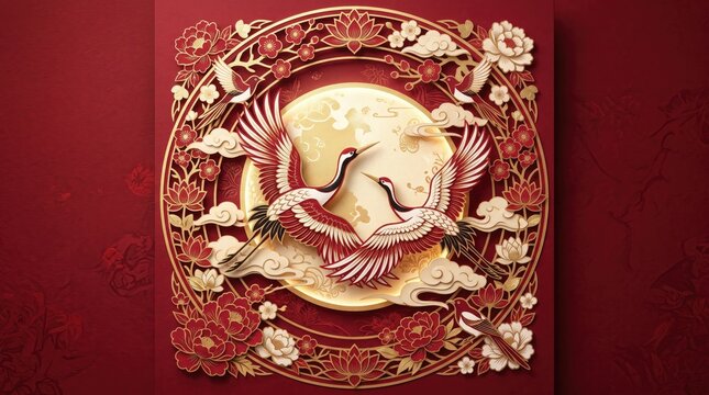 Traditional Chinese paper cut art with cranes and full moon, elegant red and gold lunar new year background, intricate floral papercraft design